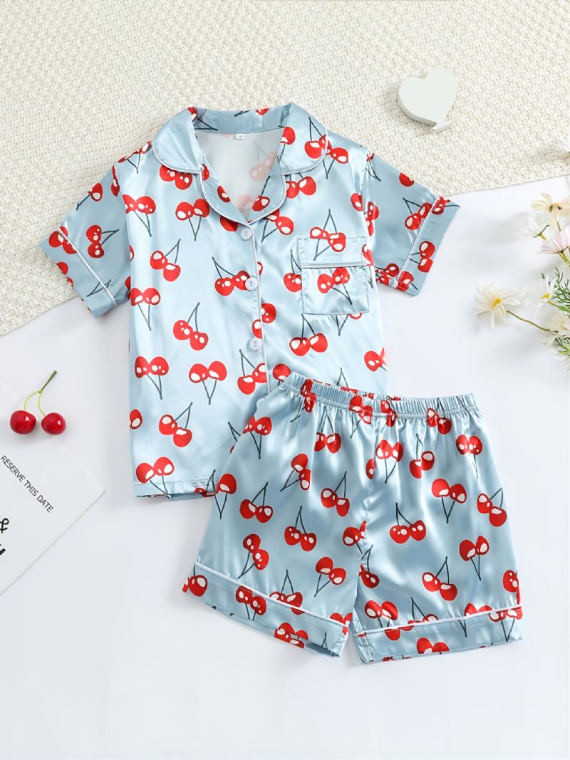 Jenter Kortermet Shorts Blått Stoff Cherry Print Uformell Pyjamas Todelt Sett