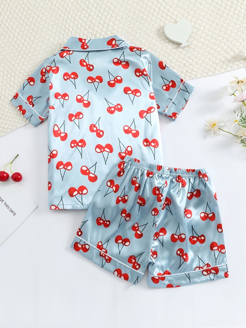 Jenter Kortermet Shorts Blått Stoff Cherry Print Uformell Pyjamas Todelt Sett