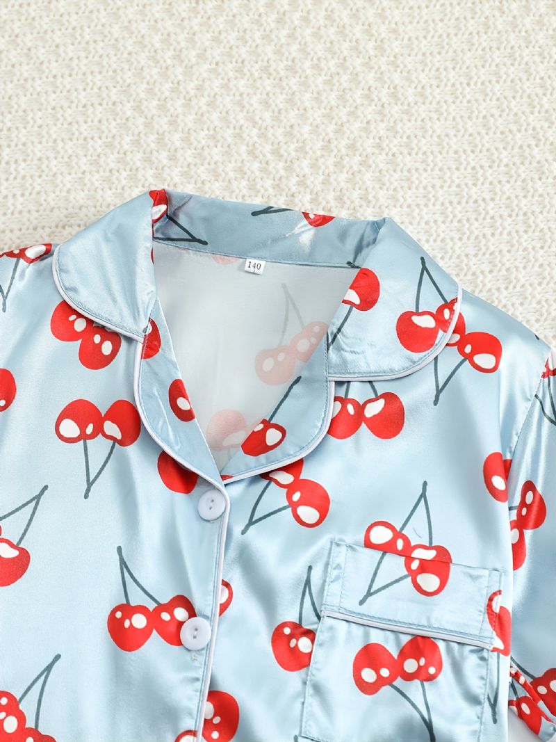 Jenter Kortermet Shorts Blått Stoff Cherry Print Uformell Pyjamas Todelt Sett