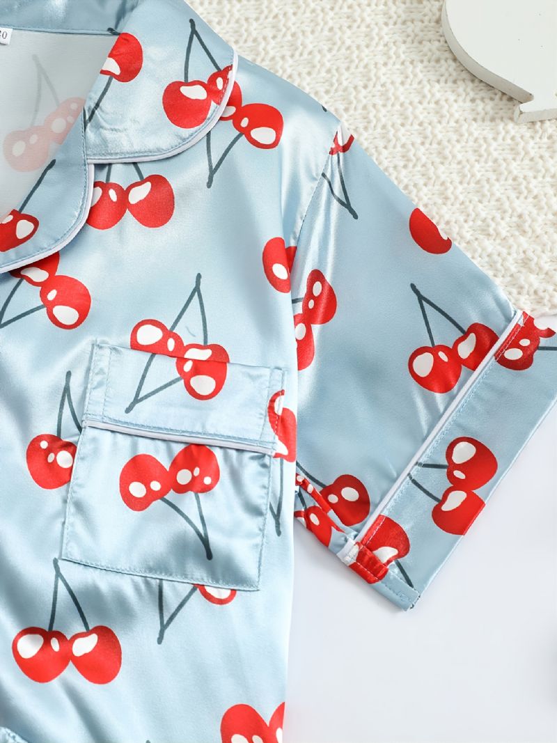 Jenter Kortermet Shorts Blått Stoff Cherry Print Uformell Pyjamas Todelt Sett