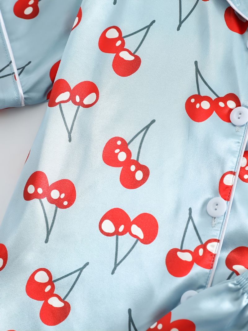 Jenter Kortermet Shorts Blått Stoff Cherry Print Uformell Pyjamas Todelt Sett