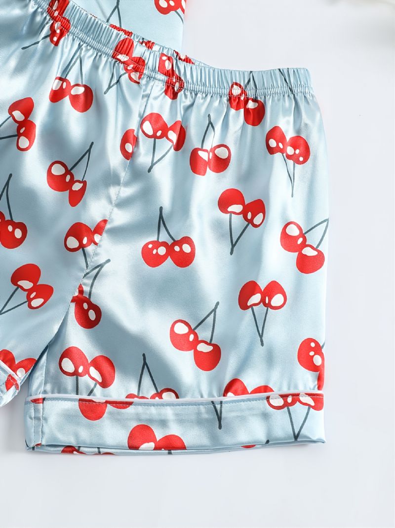 Jenter Kortermet Shorts Blått Stoff Cherry Print Uformell Pyjamas Todelt Sett