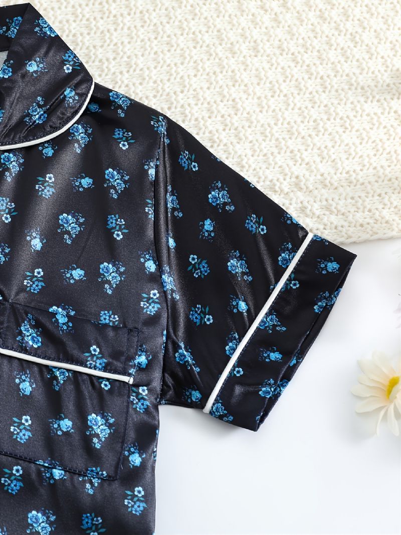 Jenter Kortermet Shorts Svart Stoff Små Blomsterprint Uformelt Pyjamas Todelt Sett