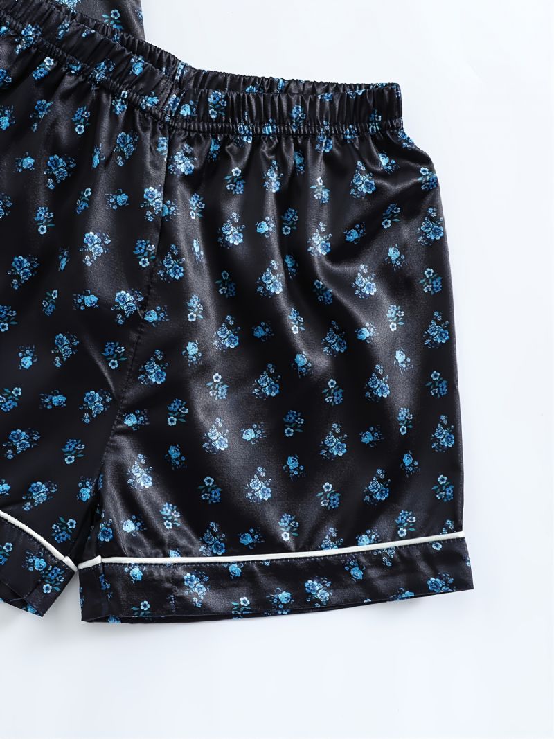 Jenter Kortermet Shorts Svart Stoff Små Blomsterprint Uformelt Pyjamas Todelt Sett