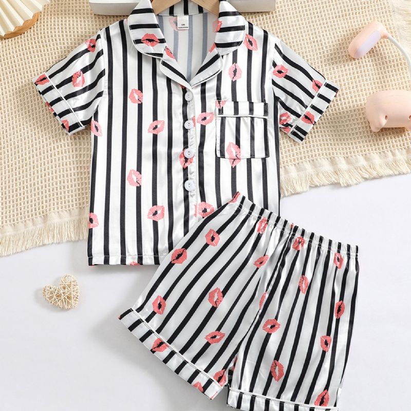 Jenter Lip Print Straip Button Front Satin Pyjamas Set