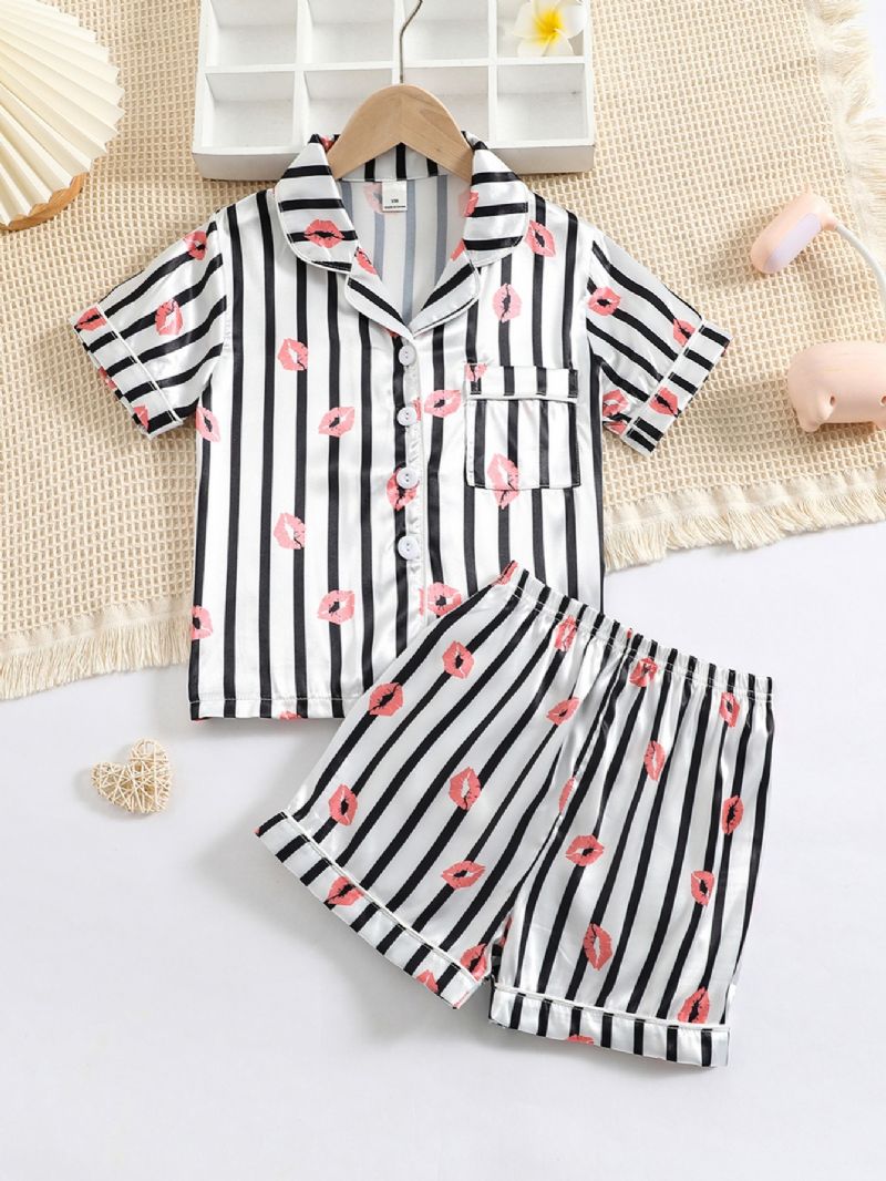 Jenter Lip Print Straip Button Front Satin Pyjamas Set