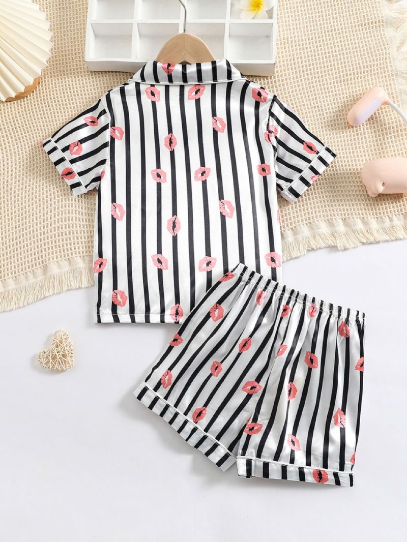 Jenter Lip Print Straip Button Front Satin Pyjamas Set