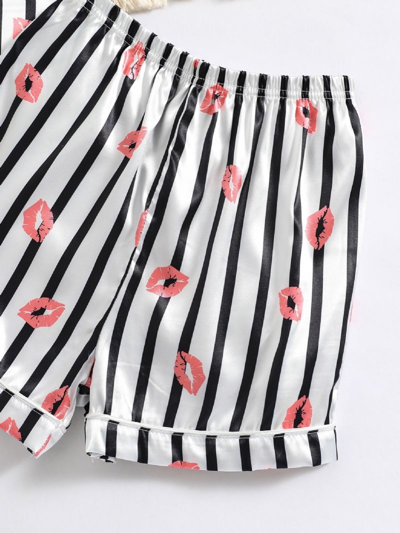 Jenter Lip Print Straip Button Front Satin Pyjamas Set