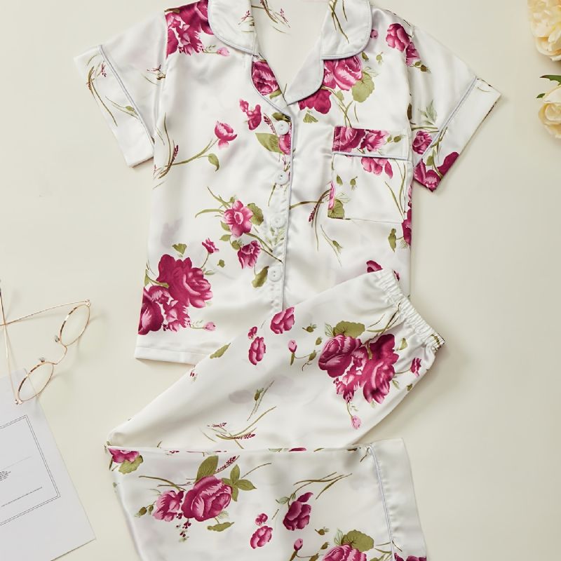 Jenter Pyjamas Familieantrekk Blomster Print Lapel Kortermet Topp & Buksesett Barneklær