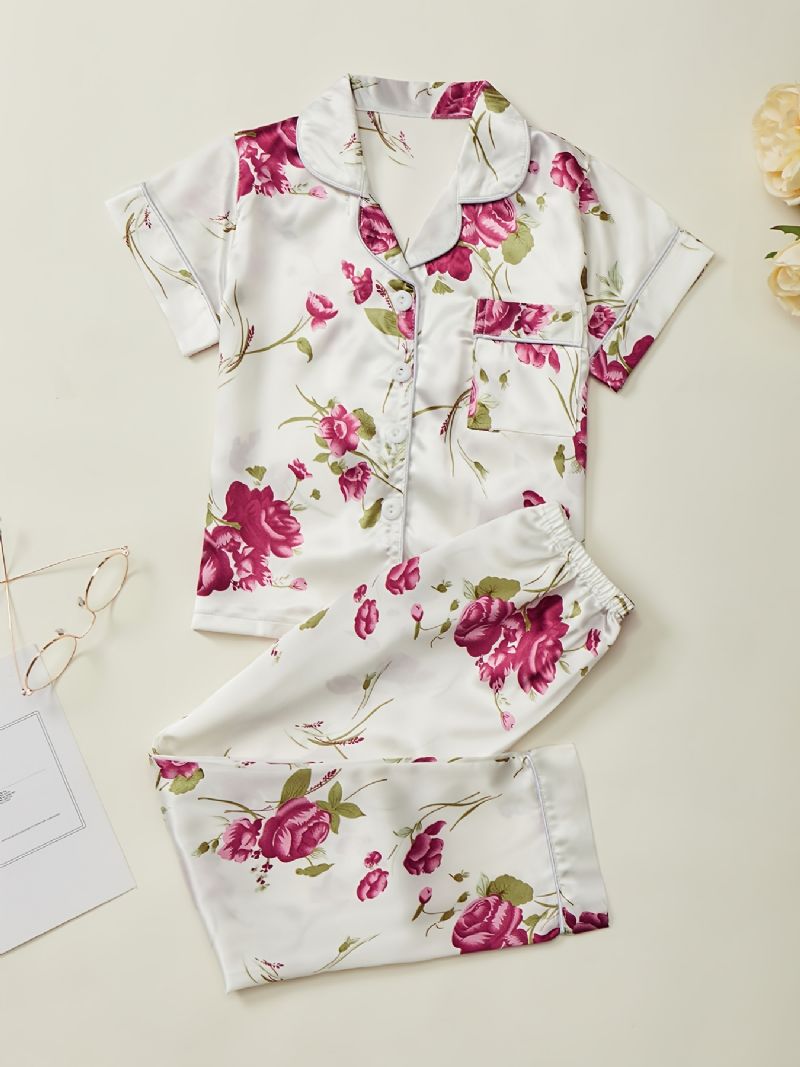 Jenter Pyjamas Familieantrekk Blomster Print Lapel Kortermet Topp & Buksesett Barneklær