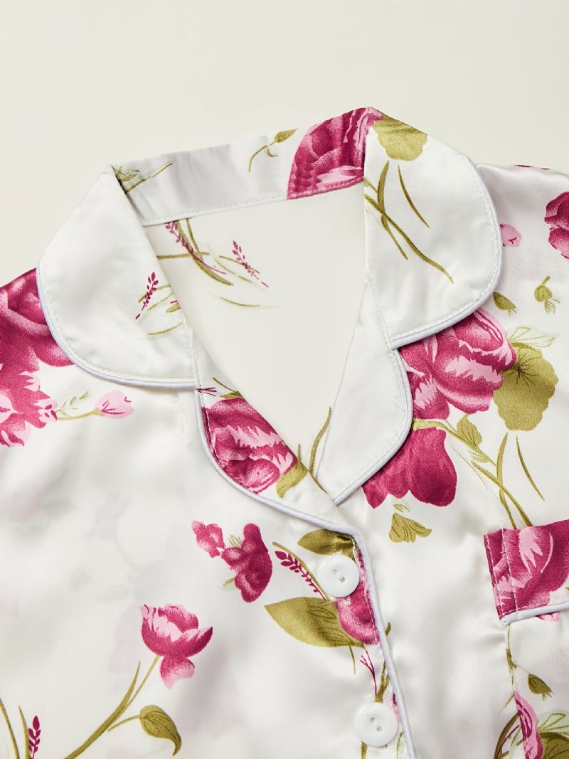 Jenter Pyjamas Familieantrekk Blomster Print Lapel Kortermet Topp & Buksesett Barneklær