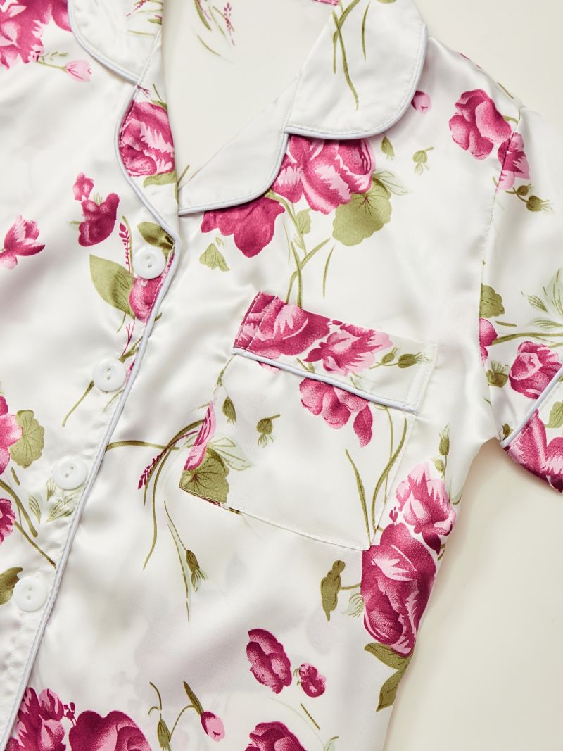 Jenter Pyjamas Familieantrekk Blomster Print Lapel Kortermet Topp & Buksesett Barneklær