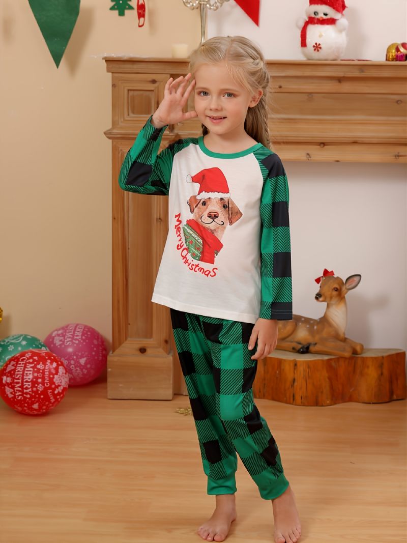 Jenter Pyjamas Jul Barn Pet Dog Digital Print Crew Neck Topp Grønn Rutete Bukser Sett