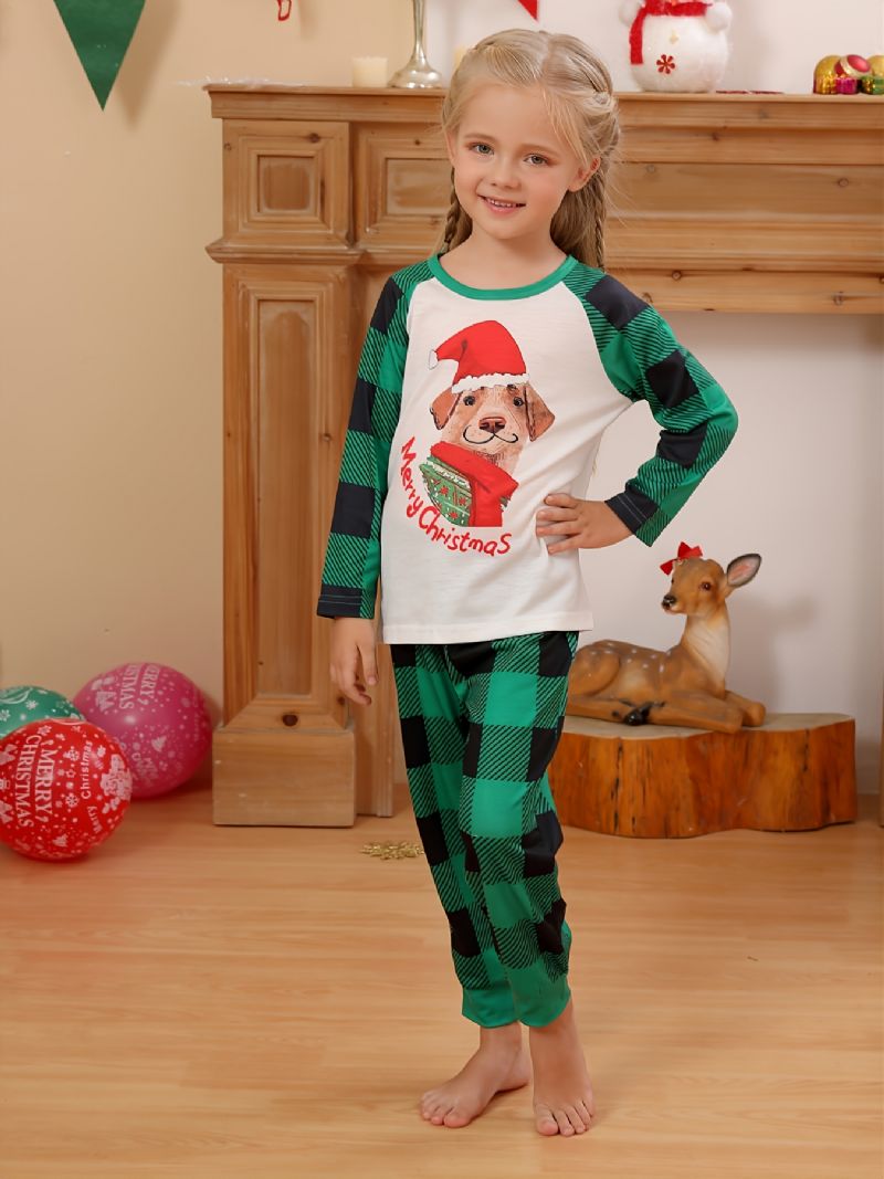 Jenter Pyjamas Jul Barn Pet Dog Digital Print Crew Neck Topp Grønn Rutete Bukser Sett