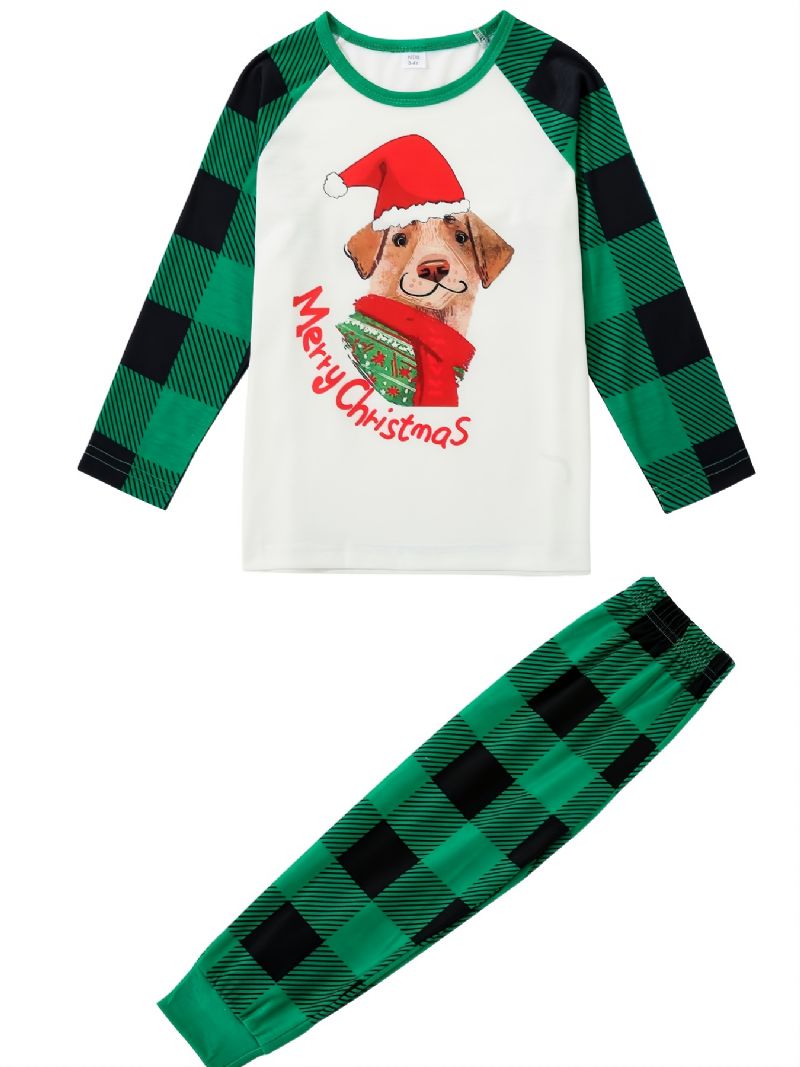 Jenter Pyjamas Jul Barn Pet Dog Digital Print Crew Neck Topp Grønn Rutete Bukser Sett