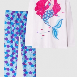 Jenter Pyjamas Mermaid Print Rundhals Langermet Topp & Buksesett