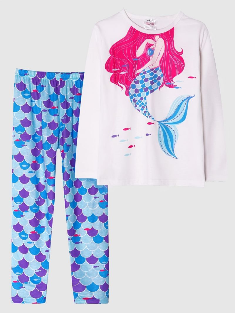 Jenter Pyjamas Mermaid Print Rundhals Langermet Topp & Buksesett