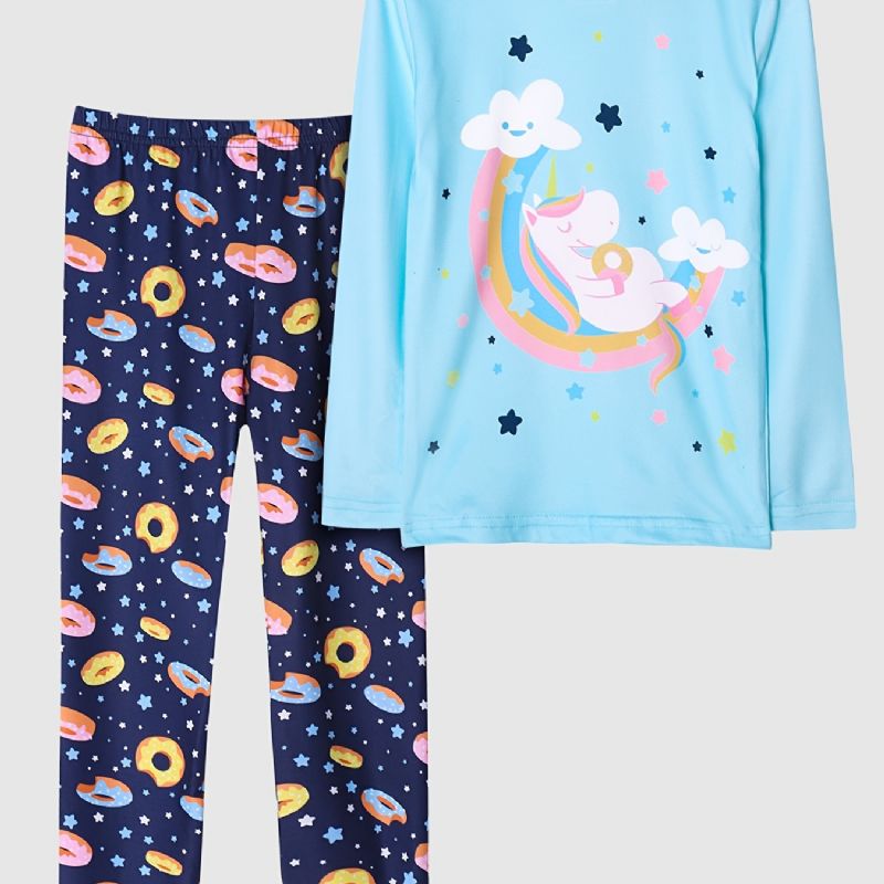 Jenter Pyjamas Unicorn Moon Print Rundhals Langermet Topp & Buksesett