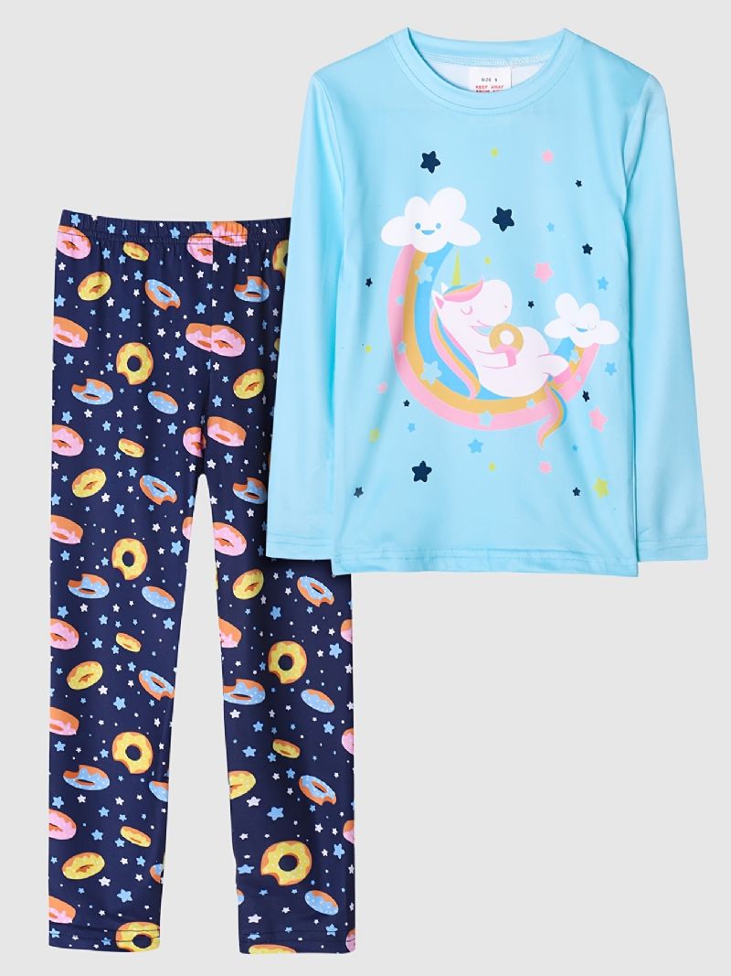 Jenter Pyjamas Unicorn Moon Print Rundhals Langermet Topp & Buksesett