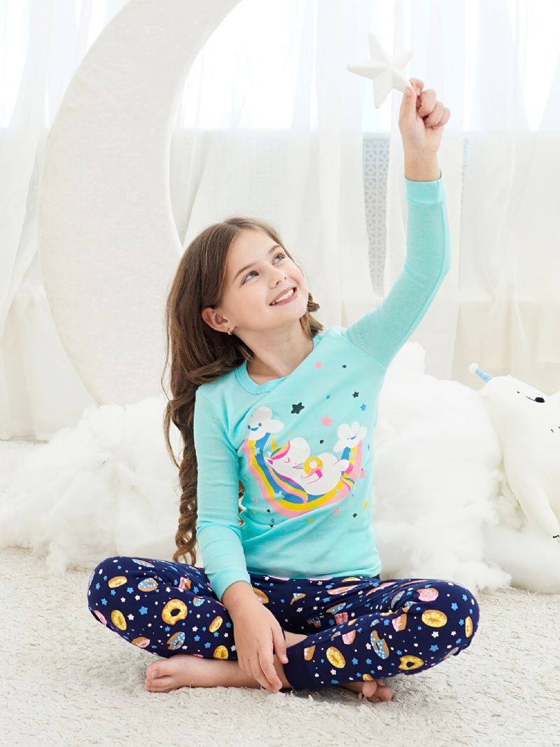 Jenter Pyjamas Unicorn Moon Print Rundhals Langermet Topp & Buksesett