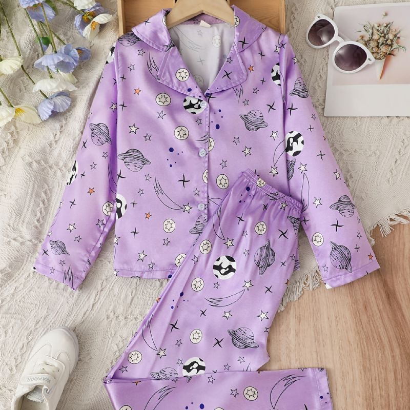 Jenter Sateng Stjernetrykk Pyjamassett Langermet Skjorte + Matchende Buksesett Lounge Wear Homewear Barneklær