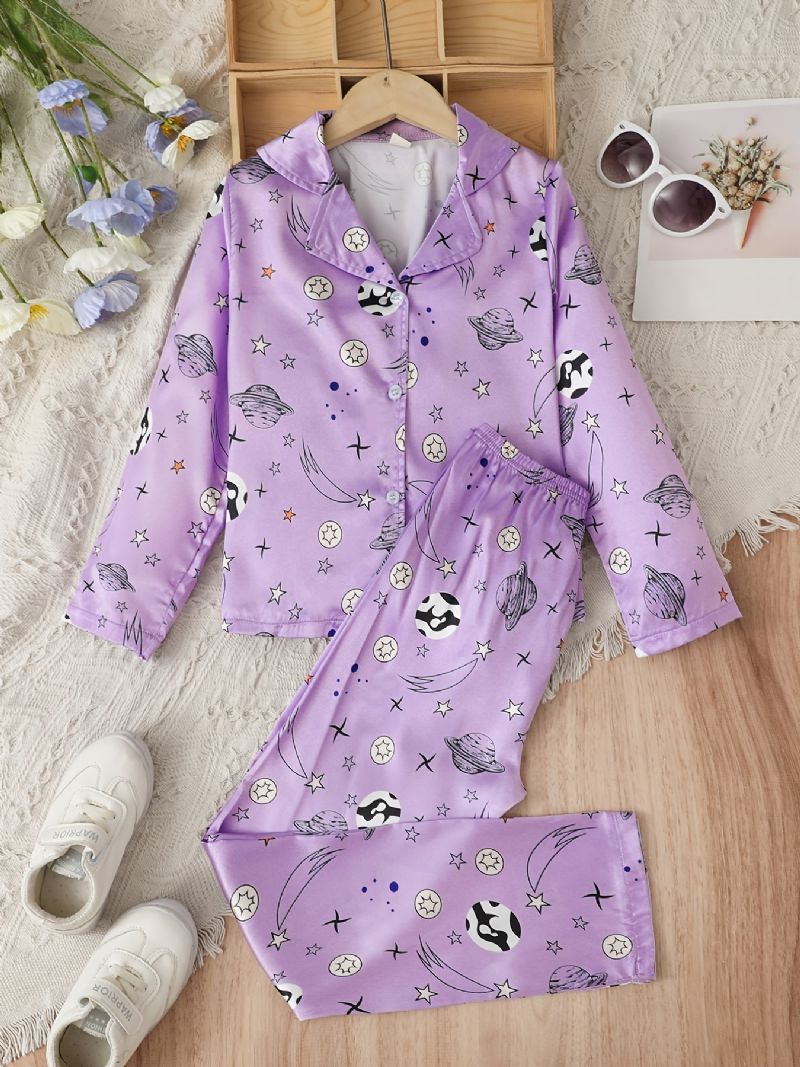 Jenter Sateng Stjernetrykk Pyjamassett Langermet Skjorte + Matchende Buksesett Lounge Wear Homewear Barneklær