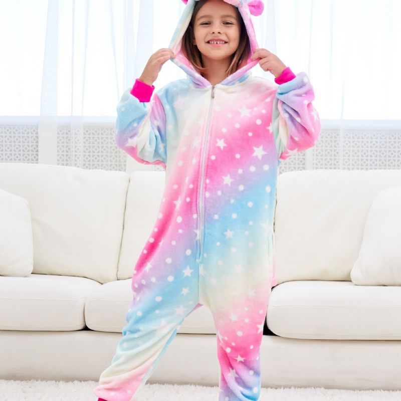 Jenter Søt Fleece Thermal Rainbow Unicorn Hettepyjamas For Hjemmefest