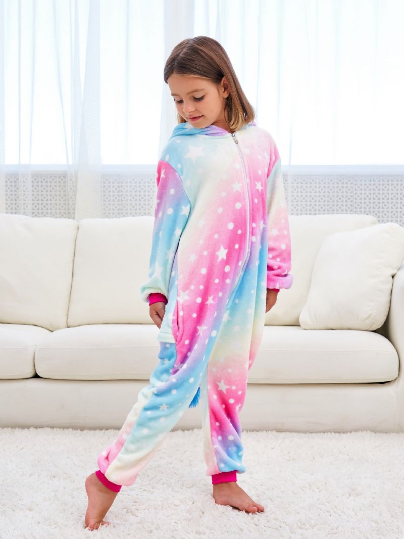 Jenter Søt Fleece Thermal Rainbow Unicorn Hettepyjamas For Hjemmefest