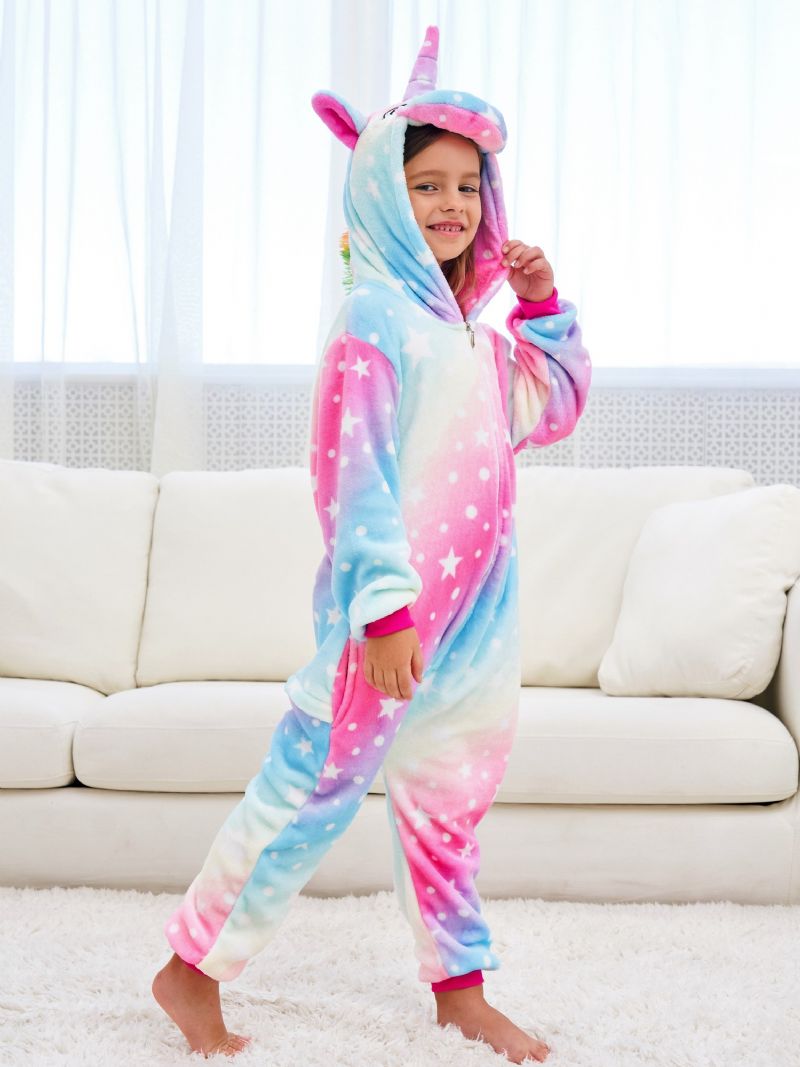 Jenter Søt Fleece Thermal Rainbow Unicorn Hettepyjamas For Hjemmefest