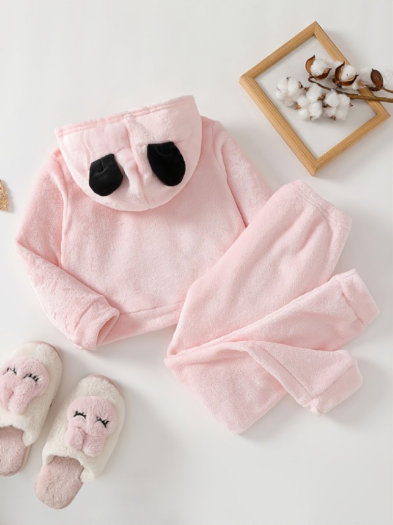 Jenter Søt Tegneserie Panda Mønster Flanell Hette Pyjamas Sett Rosa