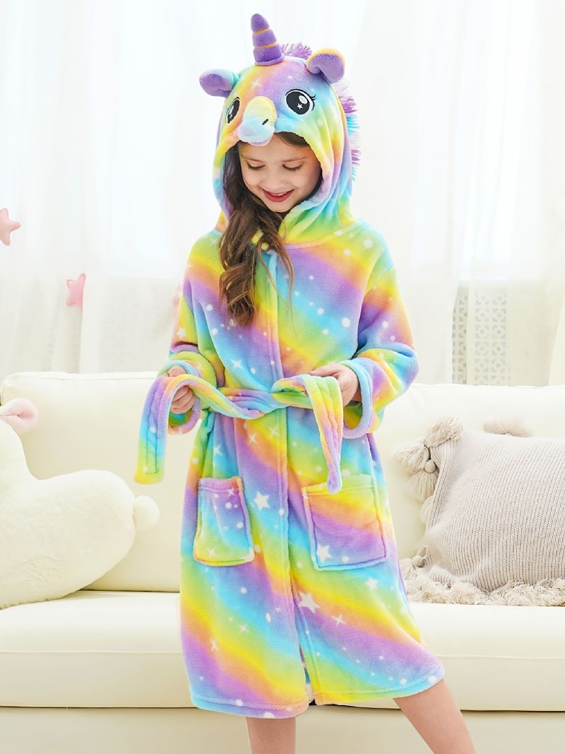 Jenter Unicorn Hette Flanell Badekåpe Bright Rainbow Plysj Varm Pyjamas Hjemmeantrekk Med Lomme Vinter