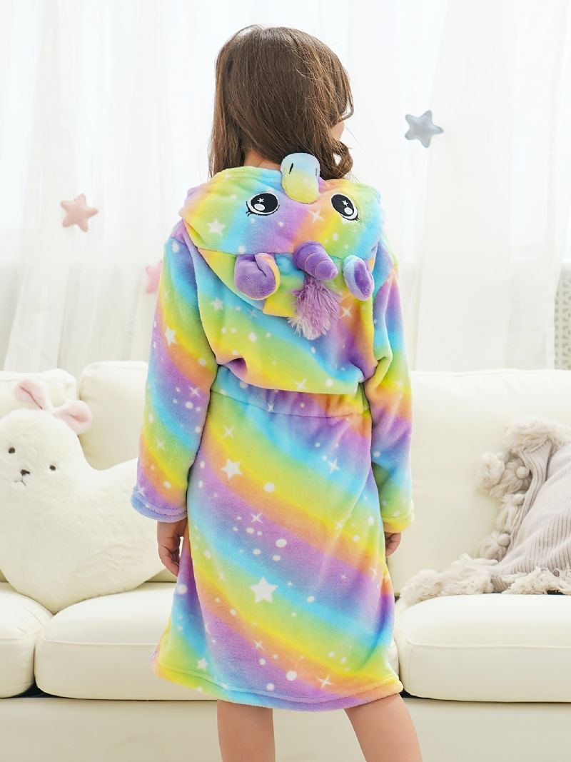 Jenter Unicorn Hette Flanell Badekåpe Bright Rainbow Plysj Varm Pyjamas Hjemmeantrekk Med Lomme Vinter