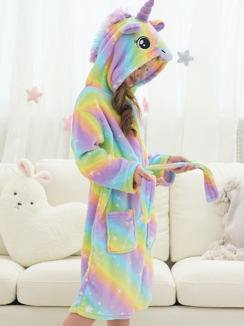 Jenter Unicorn Hette Flanell Badekåpe Bright Rainbow Plysj Varm Pyjamas Hjemmeantrekk Med Lomme Vinter