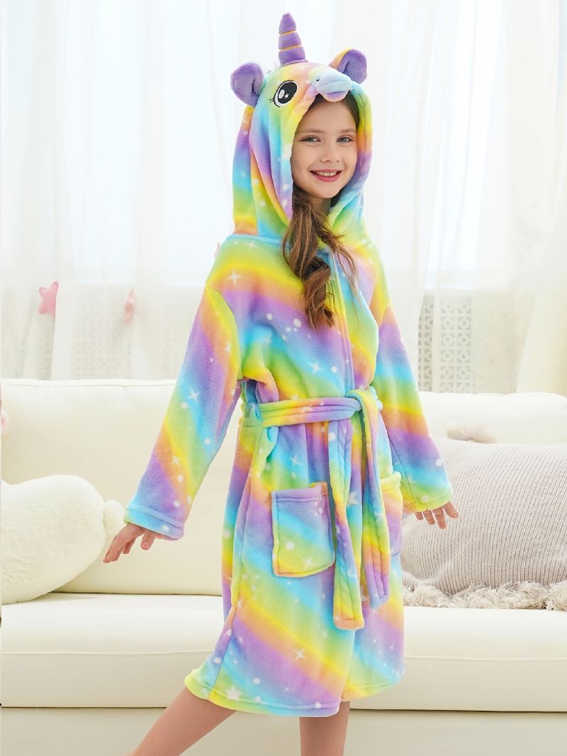 Jenter Unicorn Hette Flanell Badekåpe Bright Rainbow Plysj Varm Pyjamas Hjemmeantrekk Med Lomme Vinter