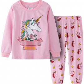 Jenter Unicorn Print Uformell Pyjamas Lounge Wear Hjemmeklær Langermet Topp Og Matchende Buksesett Barneklær