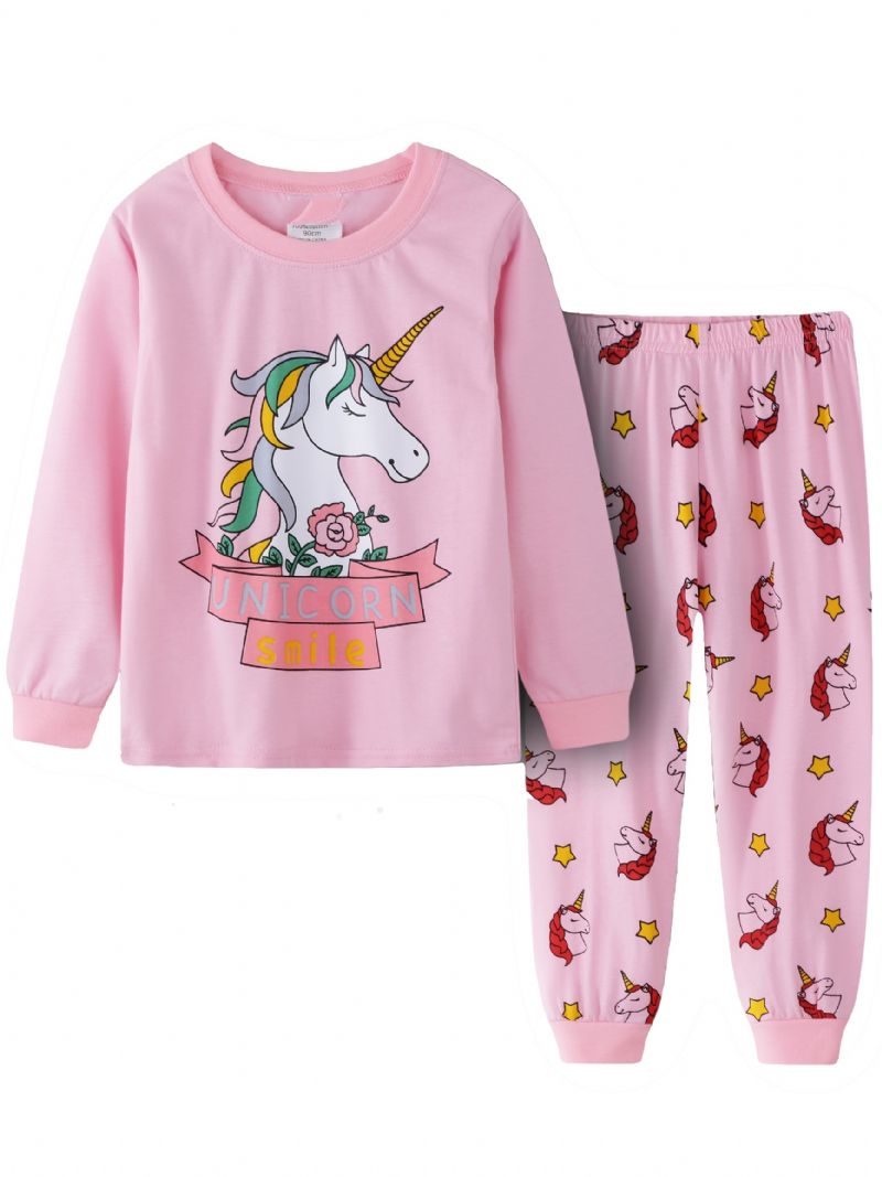 Jenter Unicorn Print Uformell Pyjamas Lounge Wear Hjemmeklær Langermet Topp Og Matchende Buksesett Barneklær