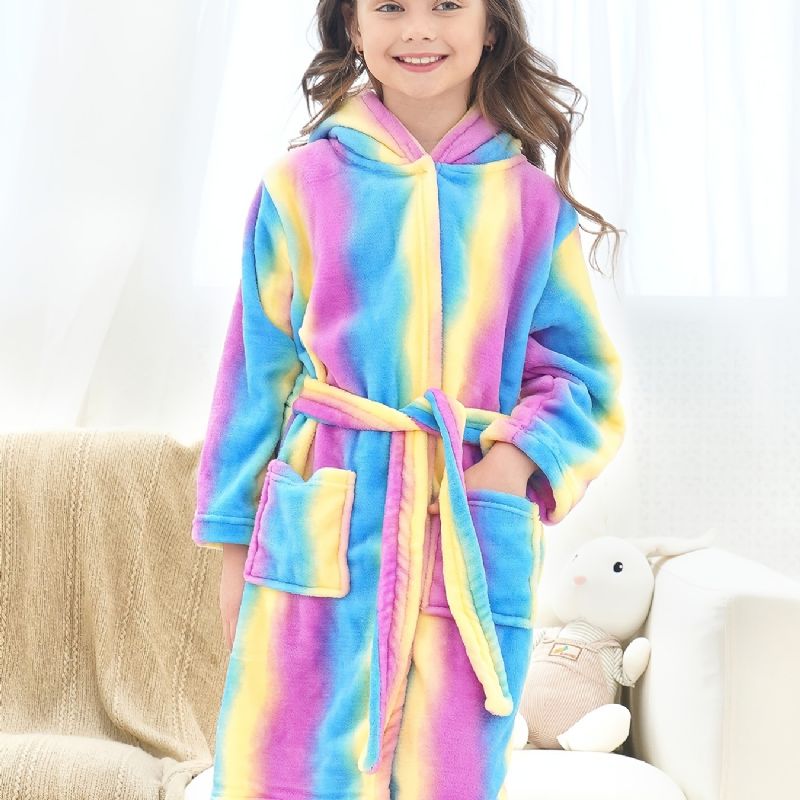 Jenter Varm Fleece Badekåpe Rainbow Galaxy Stripe Barneklær Nattøy