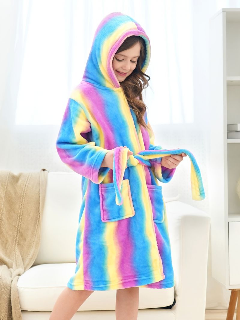 Jenter Varm Fleece Badekåpe Rainbow Galaxy Stripe Barneklær Nattøy