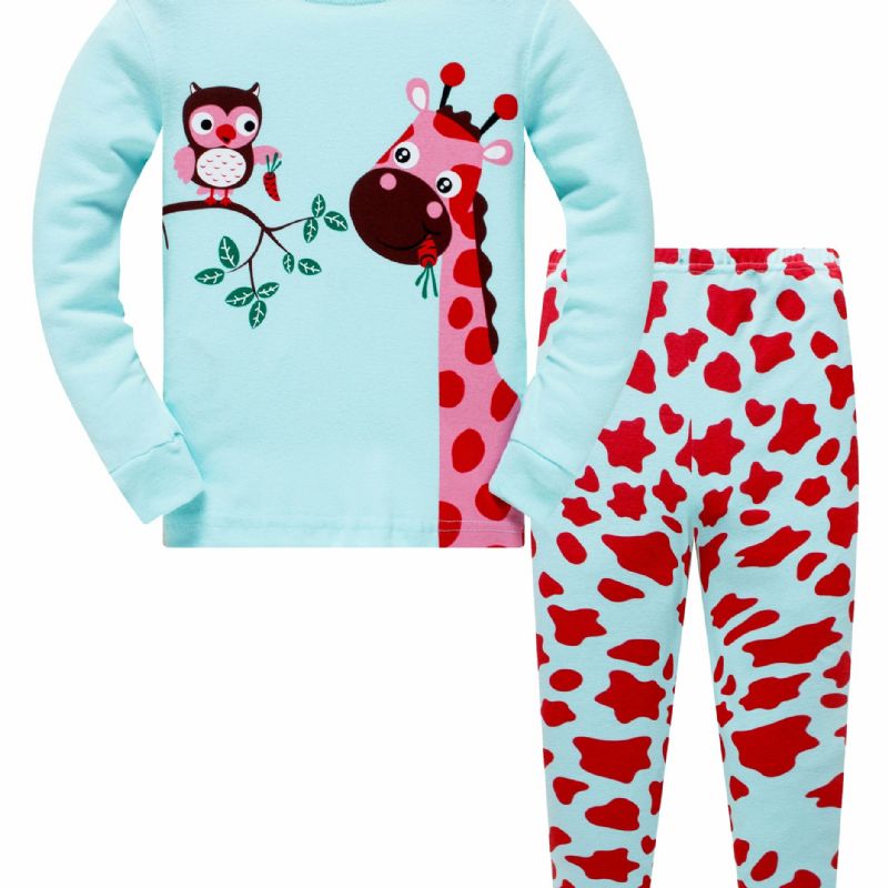 Julepriskutt Popshion 2stk Jenter Farge Giraffe Tegnefilm Ugle Langermet Pyjamas Bomullsdress