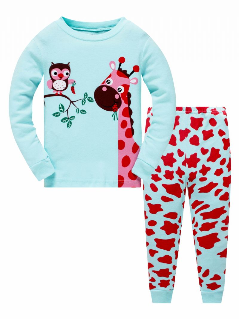 Julepriskutt Popshion 2stk Jenter Farge Giraffe Tegnefilm Ugle Langermet Pyjamas Bomullsdress