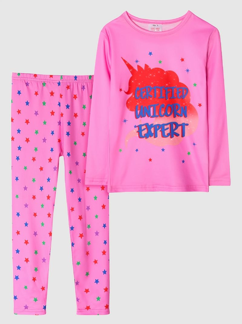 Kids Jenter Pyjamas Pink Unicorn Print Rundhals Langermet Buksesett