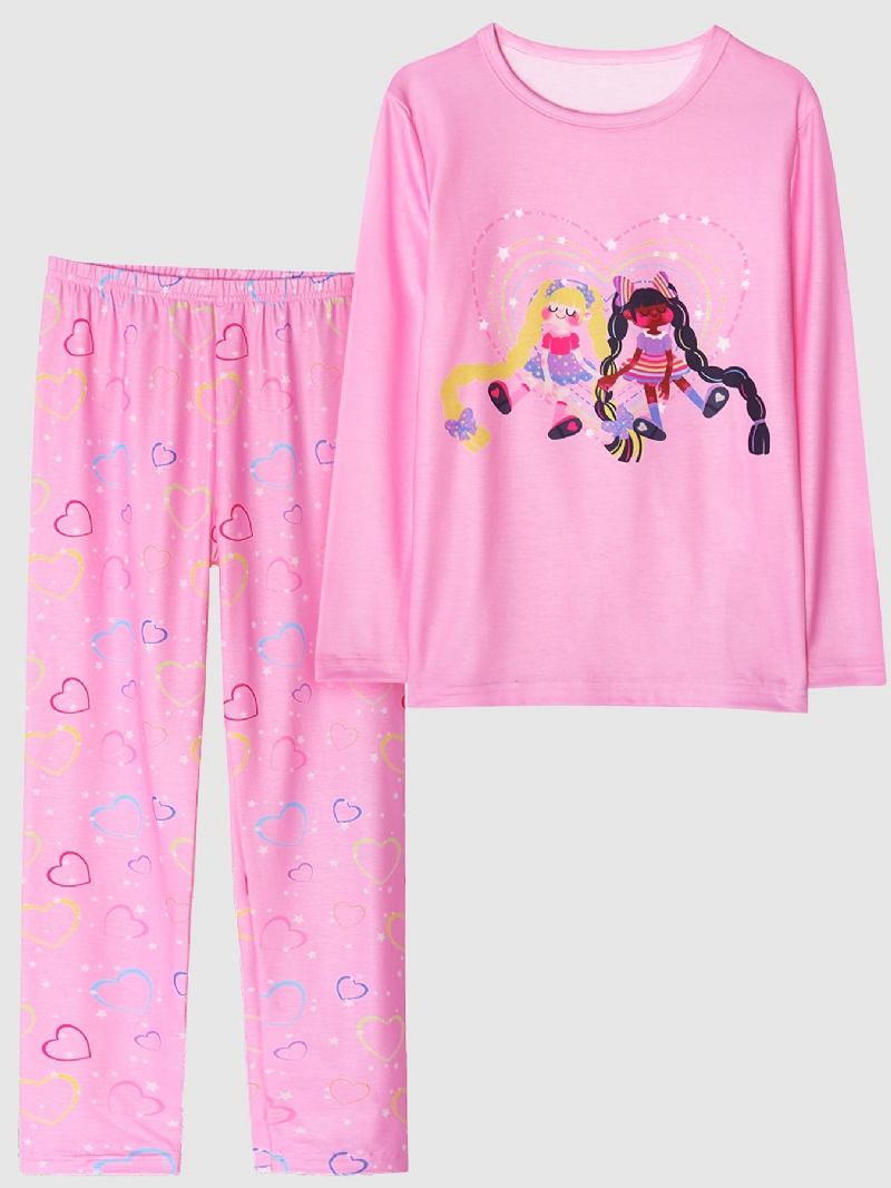 Kids Jenter Pyjamas Print Rundhals Langermet & Heart Buksesett