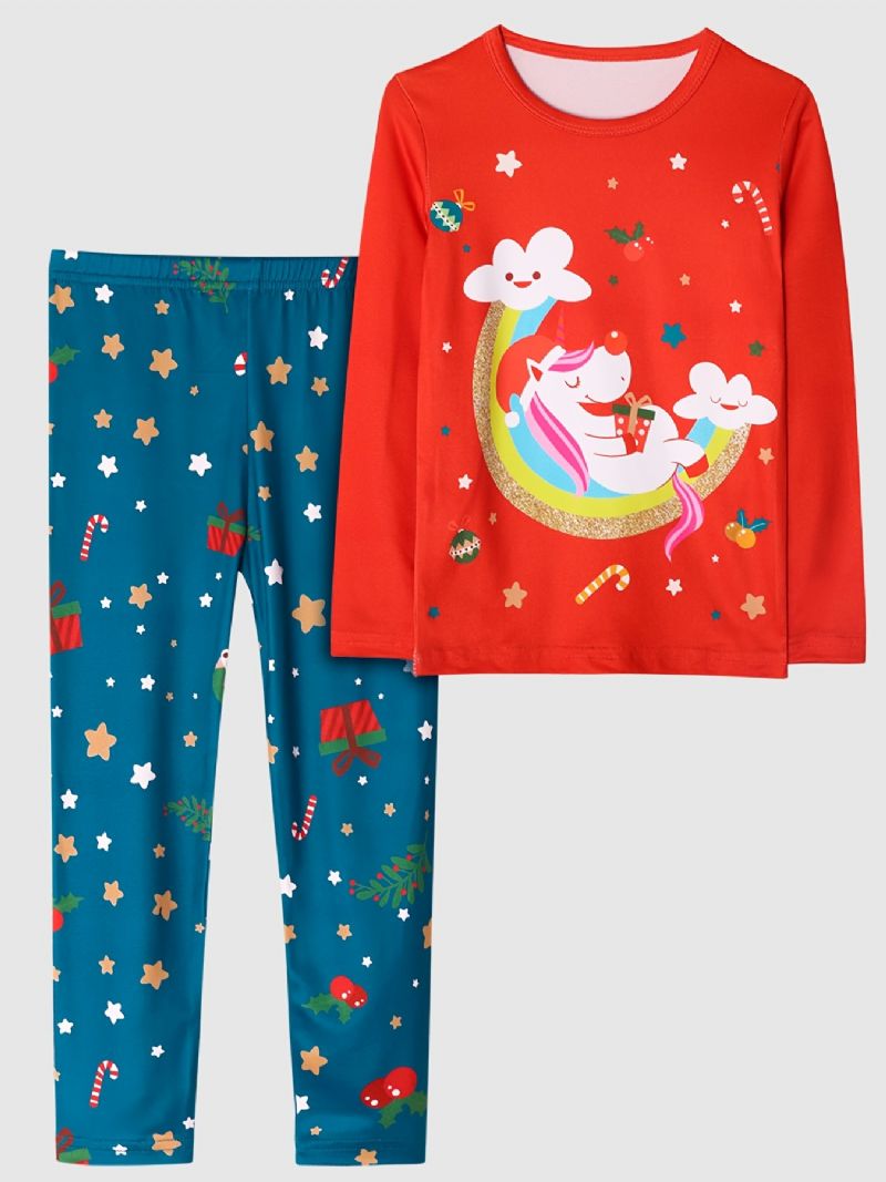 Kids Jenter Pyjamas Unicorn Moon Print Rundhals Langermet Topp Og Buksesett