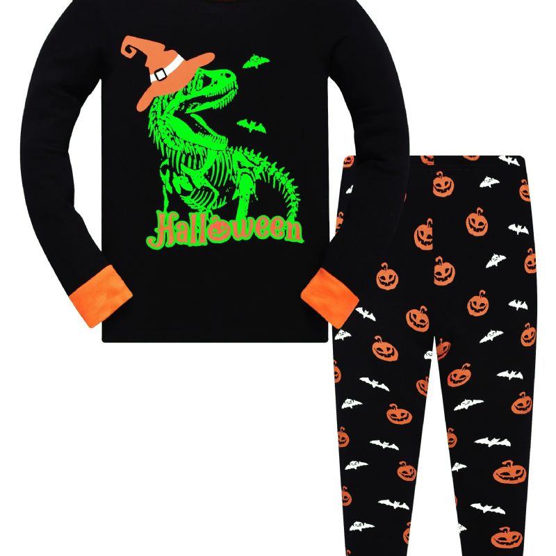 Popshion 2 Stk Gutter Halloween Fluorescerende Tegneserie Dinosaur Glødende Skjelettbein Langermet Pyjamas Bomullsdress