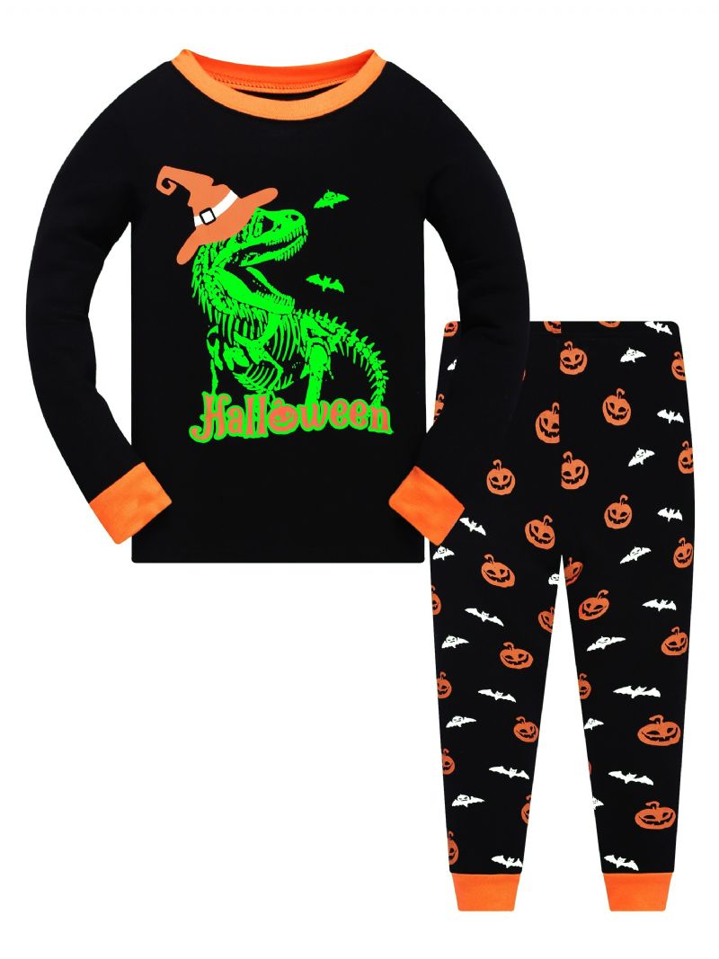 Popshion 2 Stk Gutter Halloween Fluorescerende Tegneserie Dinosaur Glødende Skjelettbein Langermet Pyjamas Bomullsdress