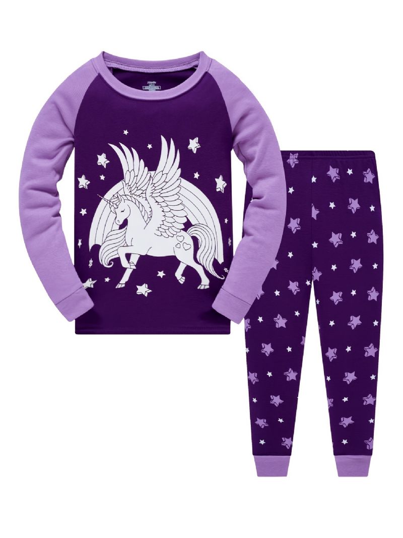 Popshion 2 Stk Jenter Fluorescerende Unicorn Glødende Tegneserie Lilla Langermet Pyjamas Bomullsdress