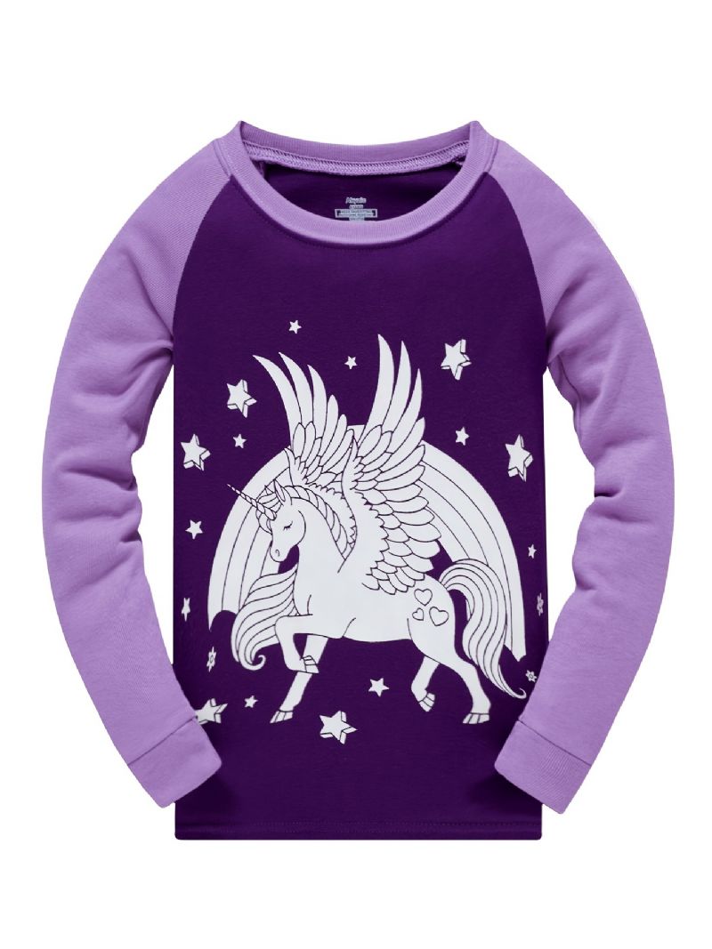 Popshion 2 Stk Jenter Fluorescerende Unicorn Glødende Tegneserie Lilla Langermet Pyjamas Bomullsdress