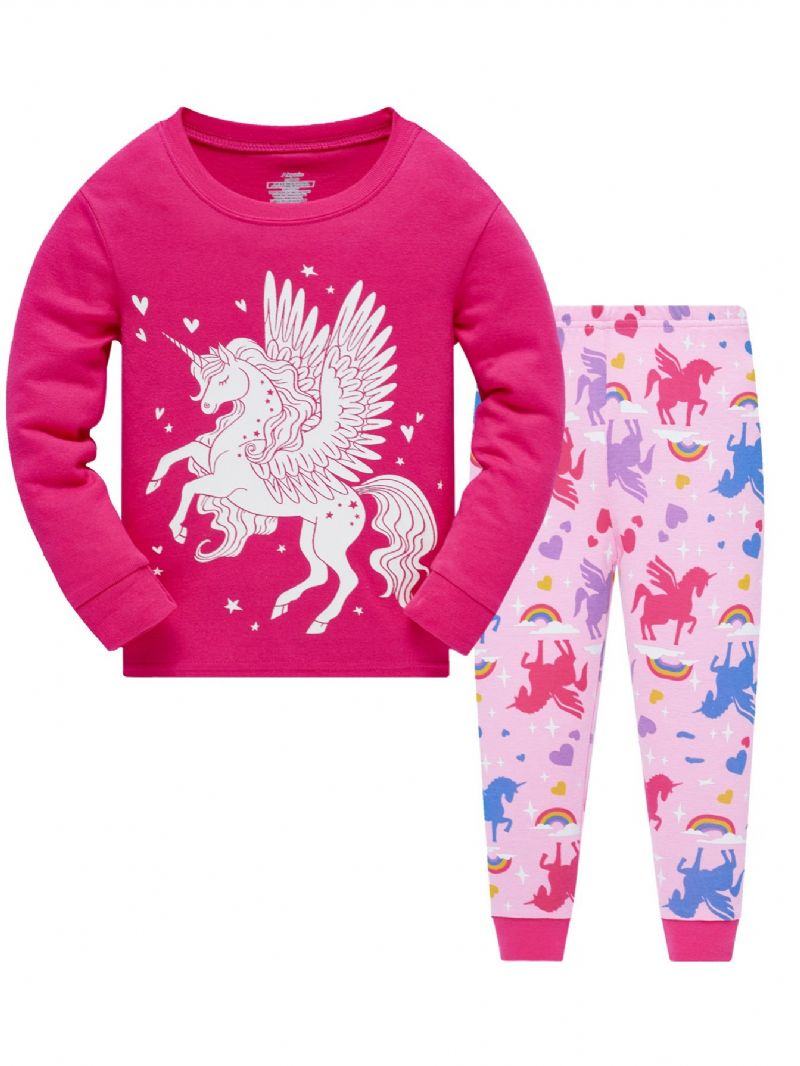 Popshion 2 Stk Jenter Fluorescerende Unicorn Glødende Tegneseriedyr Langermet Pyjamas Bomullsdrakt