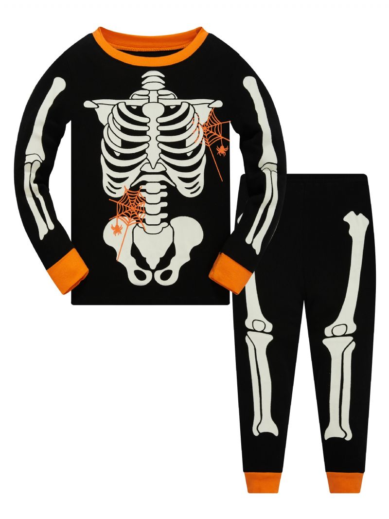 Popshion 2 Stk Småbarn Barn Pyjamas Glow In Dark Halloween Skjelett Bomull Natttøysett Gutter Fluorescerende Alv Skull Spider Web Langermet Bomullsdress