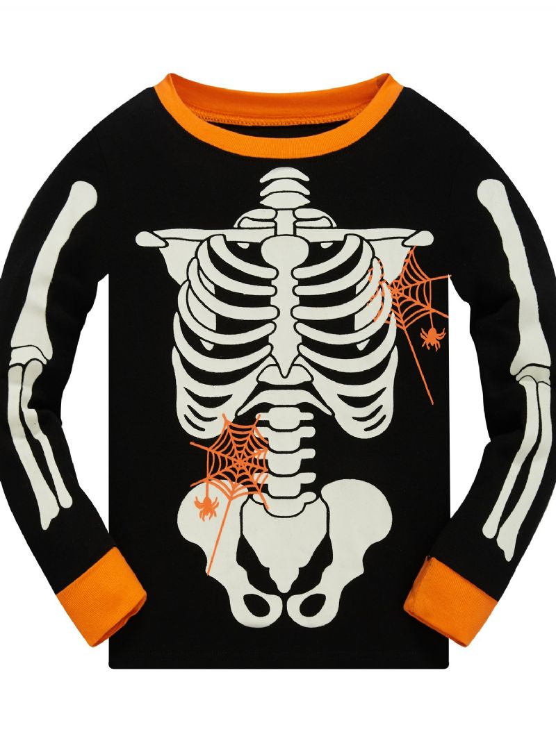 Popshion 2 Stk Småbarn Barn Pyjamas Glow In Dark Halloween Skjelett Bomull Natttøysett Gutter Fluorescerende Alv Skull Spider Web Langermet Bomullsdress